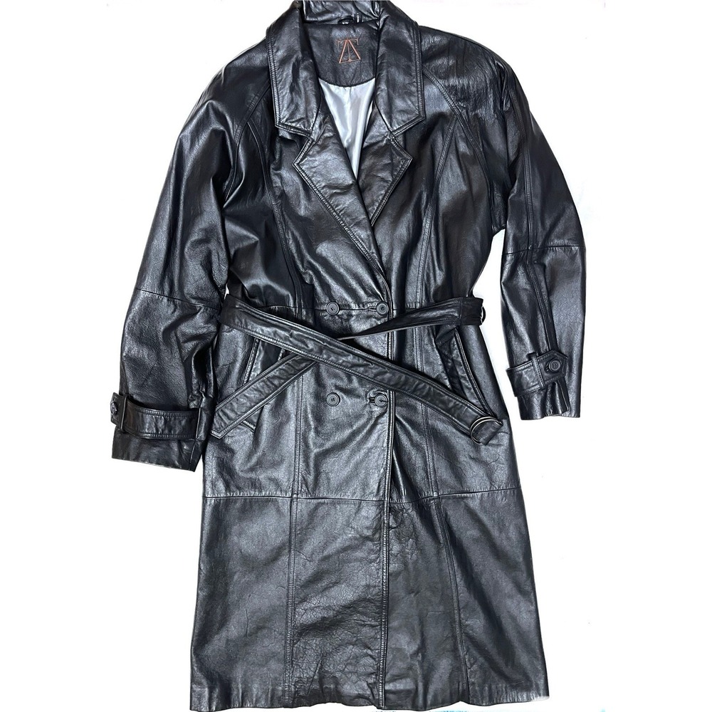 VTG Zeidler & Zeidler Leather Trench Coat Mens Medium Black Western